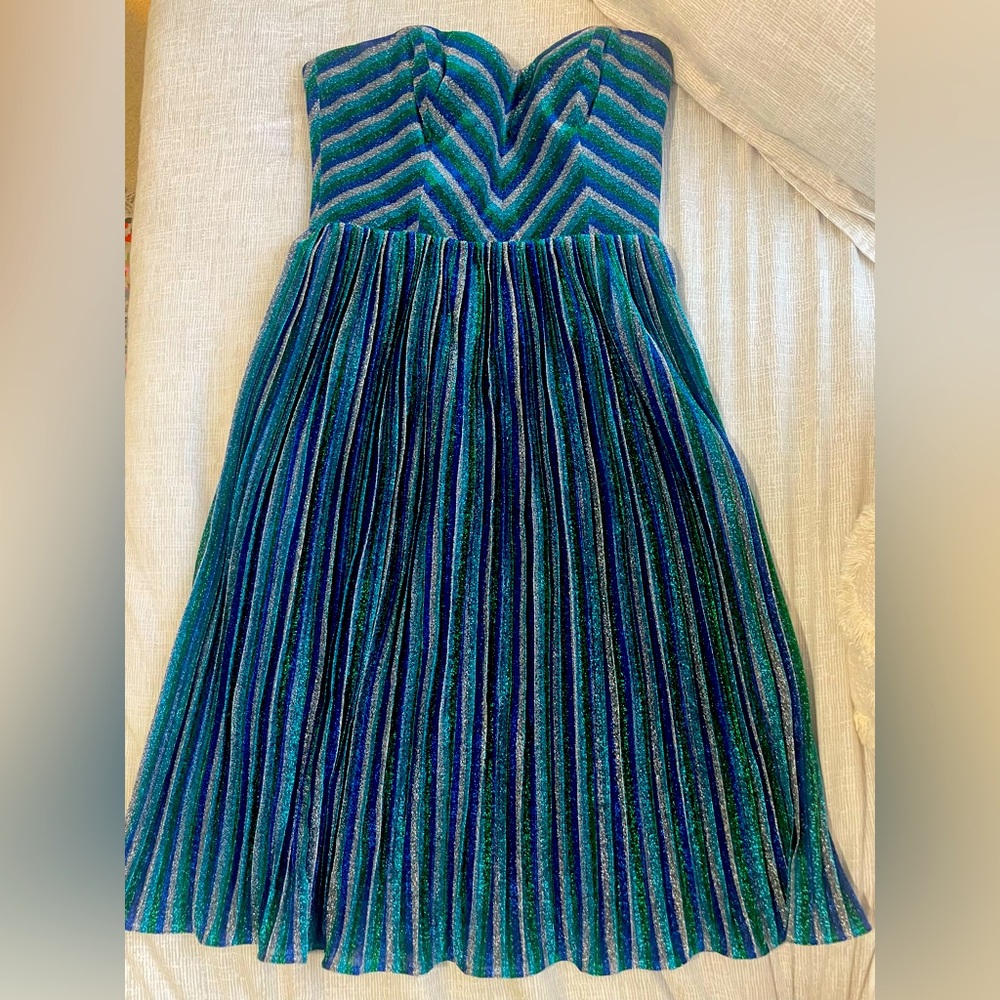 Dress the Population Rosalie Metallic Stripe Strapless Cocktail Dress Blue Shine